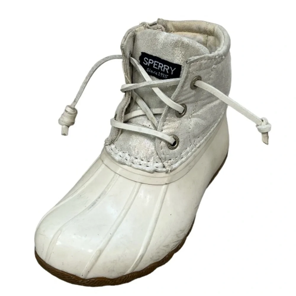 Sperry Saltwater Duck Boots Snow Rain Boots Ivory White Metallic Girls Size 9